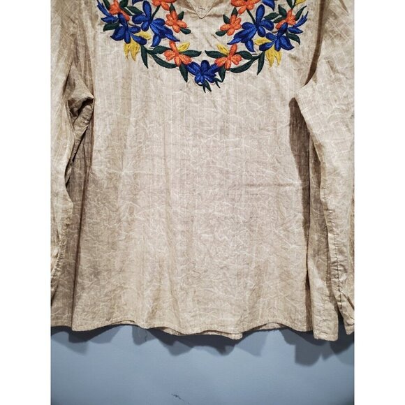 Chico's Tan/Cream Crackle Print Embroidered Floral V-Neck Popover Top Sz 3 XL - Picture 4 of 12